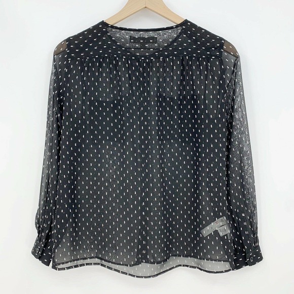 Loft Petite Utility Blouse SP Black Chiffon Sheer White Dot Minimalist Office - Picture 3 of 8